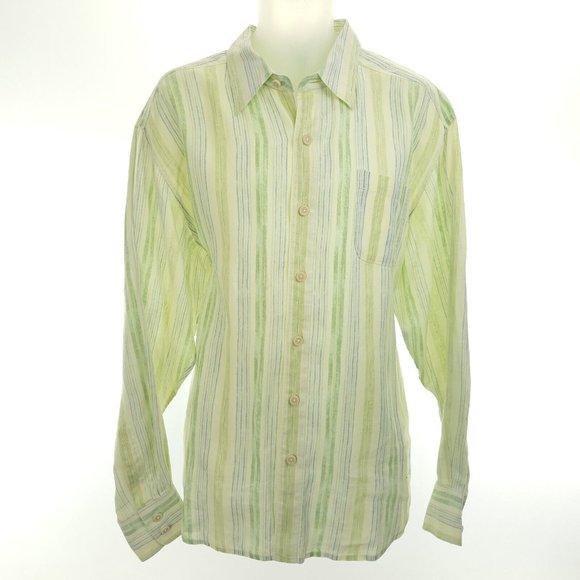 Tommy Bahama Mens XL Linen Shirt L/S Green Yellow Stripe Button Up Beach Wear - Picture 2 of 12